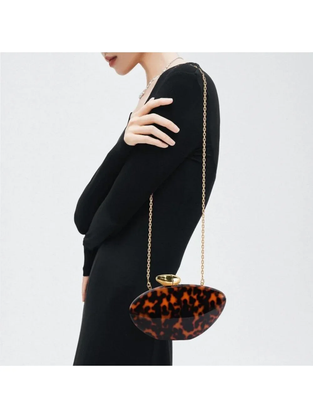 Women's Marble Amber Tortoise Shell Acrylic Clutch Purse Gold Evening Handbag